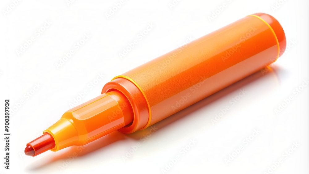 Vibrant orange liquid highlighter with precision tip gleams against a clean white background, casting subtle shadows and reflections. Vibrant orange liquid highlighter with precision tip gleams against a clean white background, casting subtle shadows and reflections.