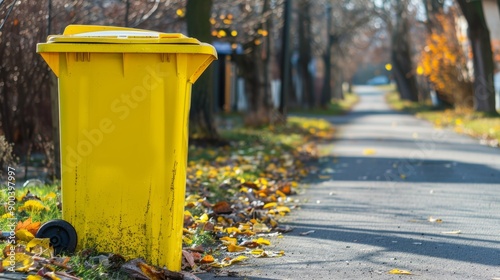 Yellow Trash Bin on Leaf-Littered Suburban Road During Autumn Season