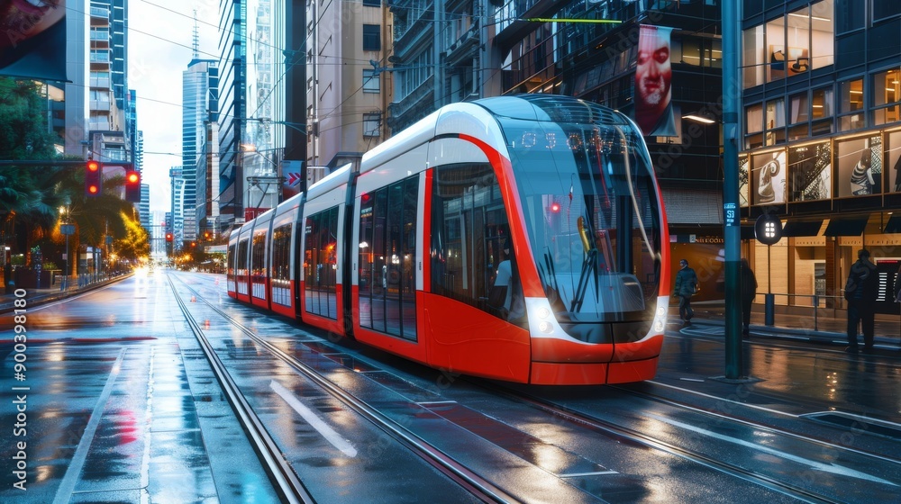 Fototapeta premium Modern Red Tram on Wet City Street During Evening Rush Hour