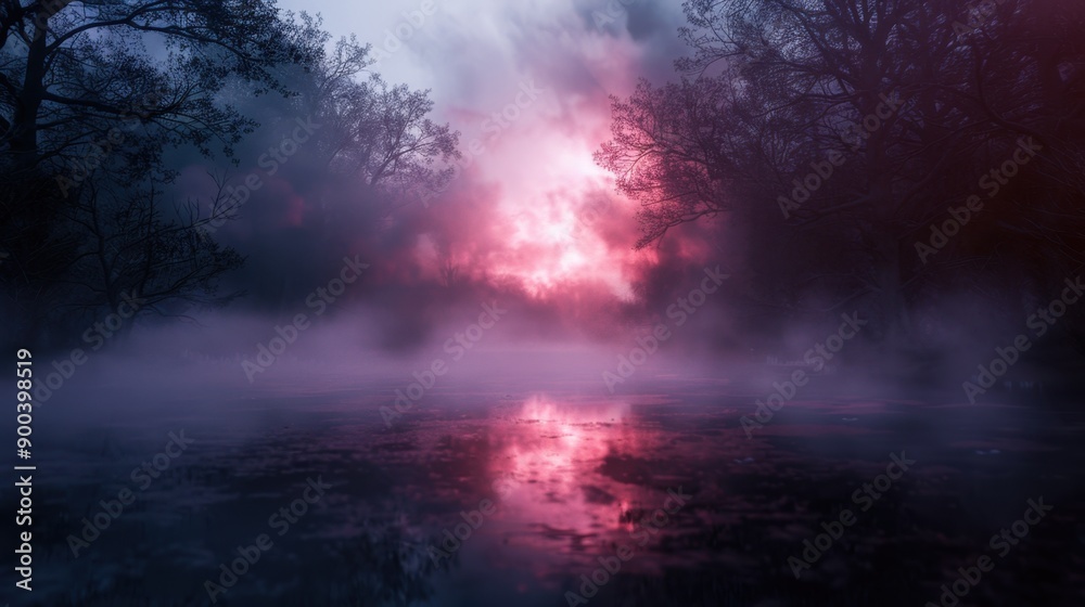 Enchanted vampires surrounded by crimson mist, expansive view, dark and mystical setting, glowing eyes, ethereal atmosphere