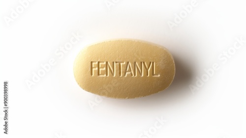 Close-up of Yellow Fentanyl Pill on White Background - Opioid Medication and Pain Management