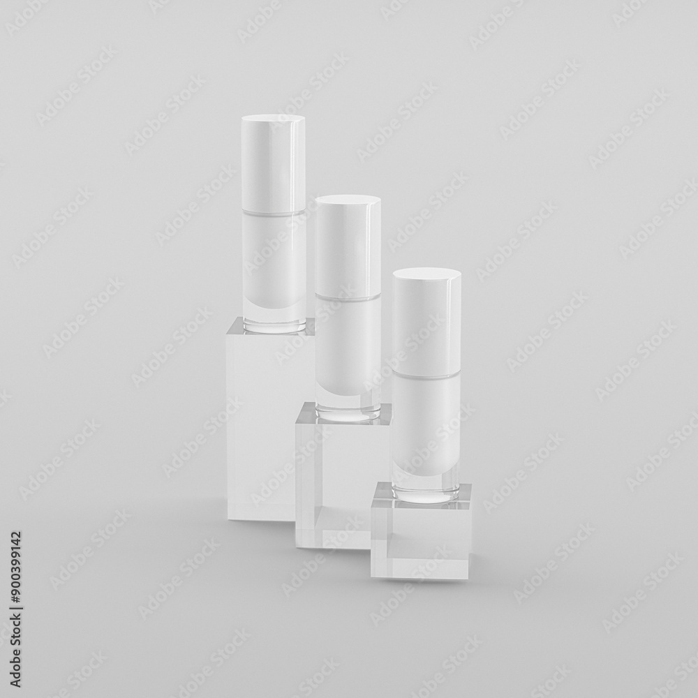 Mini-size liquid lipstick container mockup, set of filled makeup bottle on pedestal, empty label plastic cylinder tube in clean background, luxury beauty product bottle on crystal podium illustration Mini-size liquid lipstick container mockup, set of filled makeup bottle on pedestal, empty label plastic cylinder tube in clean background, luxury beauty product bottle on crystal podium illustration