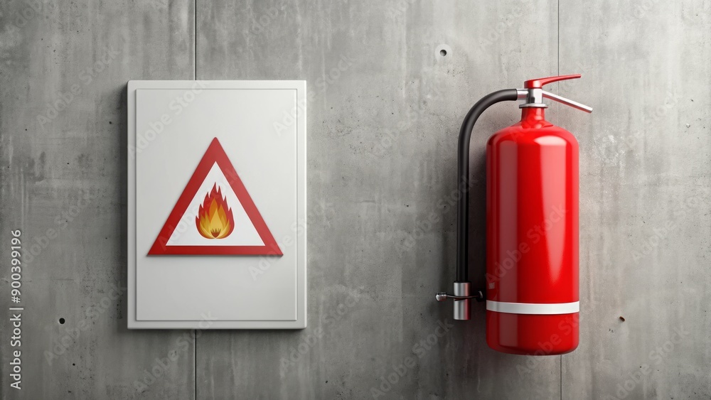 A red fire extinguisher hangs beside a bold, white, rectangular sign with flame symbol and warning text on a gray wall. A red fire extinguisher hangs beside a bold, white, rectangular sign with flame symbol and warning text on a gray wall.