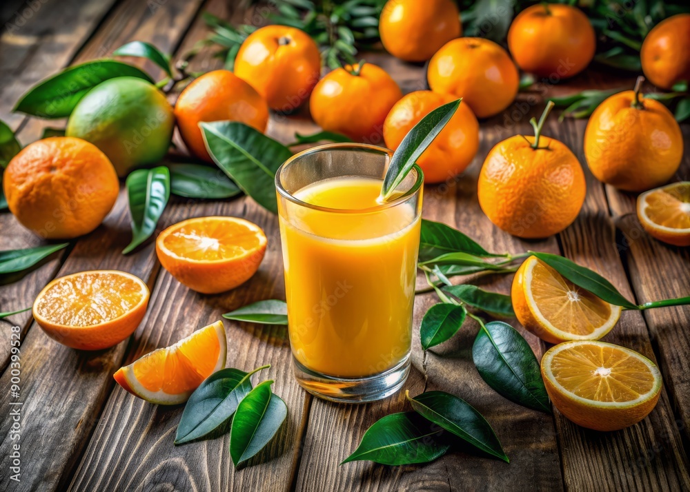 Vibrant orange juice glass surrounded by peeled oranges and green leaves on a rustic wooden table, evoking a refreshing and healthy morning breakfast scene. Vibrant orange juice glass surrounded by peeled oranges and green leaves on a rustic wooden table, evoking a refreshing and healthy morning breakfast scene.