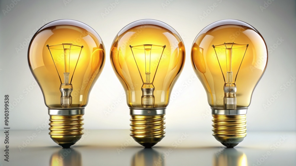 Three traditional light bulbs in clear and warm yellow tones, standing upright on a pristine transparent white background. Three traditional light bulbs in clear and warm yellow tones, standing upright on a pristine transparent white background.