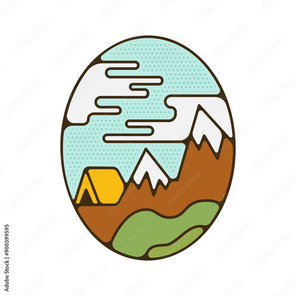 Outdoor adventure badge. Camping adventure label in retro style. Mountain logo graphics for t-shirt. Stock vector artwork with tent and mountains. Outdoor adventure badge. Camping adventure label in retro style. Mountain logo graphics for t-shirt. Stock vector artwork with tent and mountains.