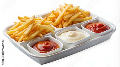 isolated white trays holding french fries, one plain, one topped with red condiment, and one with creamy white sauce, against transparent backdrop. photo