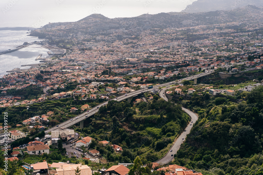 Obraz premium Funchal city of Madeira island Portugal with fortress on the coast of Atlantic Ocean. Aerial view