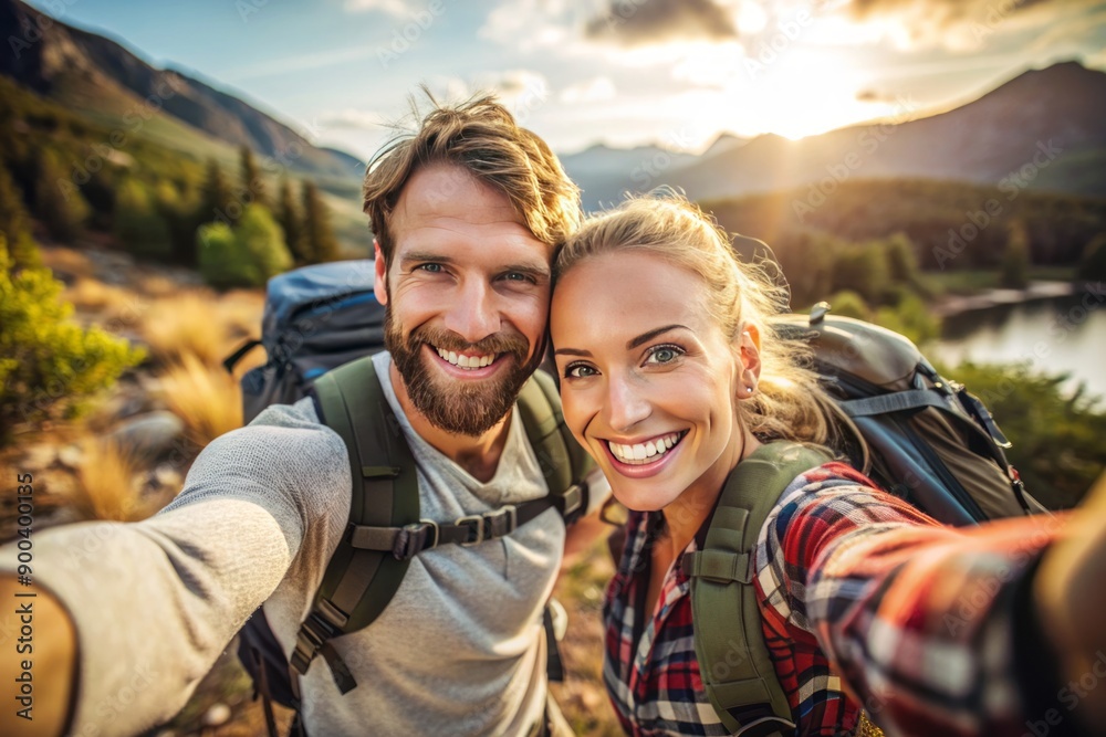 Close-up selfie of a cheerful young white couple with backpacks, smiling in the great outdoors, exuding warmth and happiness on their hiking adventure. Close-up selfie of a cheerful young white couple with backpacks, smiling in the great outdoors, exuding warmth and happiness on their hiking adventure.