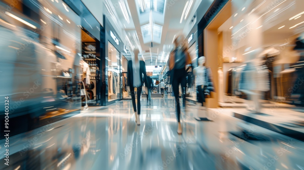 Fototapeta premium blurred background of people walking in a shopping center or mall with luxury fashion stores, motion blur effect, capturing the essence of the retail industry