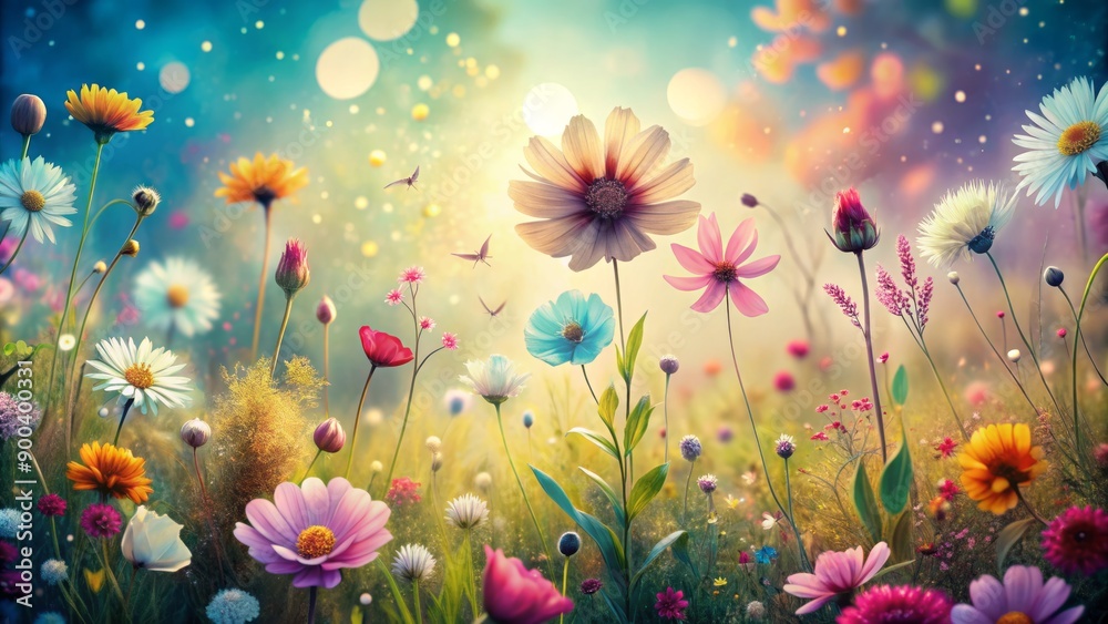 Obraz premium Vibrant abstract florals seamlessly merge into a tranquil meadow scene, bursting with delicate petals, soft hues, and organic textures.