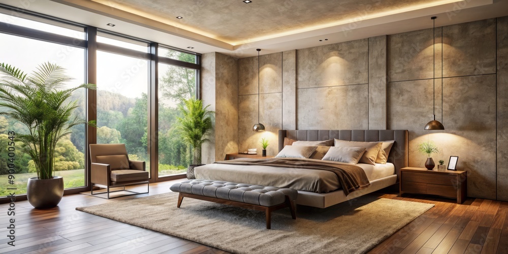 Serene modern bedroom featuring beige stucco wall, minimalist decor, sleek dark wood furniture, and plenty of natural light pouring in through large windows. Serene modern bedroom featuring beige stucco wall, minimalist decor, sleek dark wood furniture, and plenty of natural light pouring in through large windows.