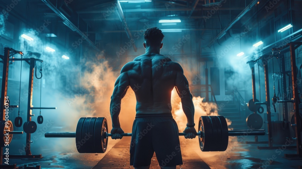 Muscular Man Deadlifting Heavy Barbell in Dimly Lit Gym with Smoke Muscular Man Deadlifting Heavy Barbell in Dimly Lit Gym with Smoke