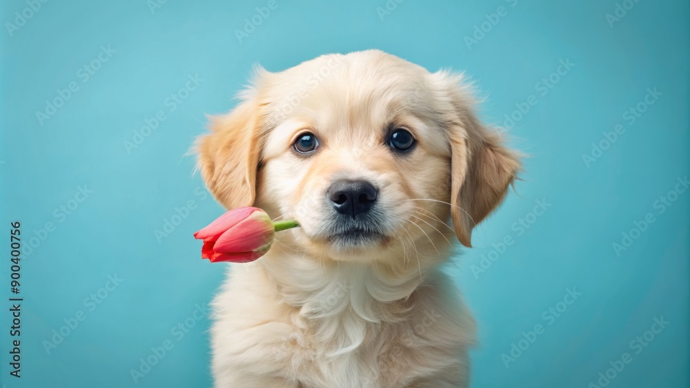 Adorable fluffy puppy holds tender tulip bloom in mouth against soft light blue backdrop, evoking joy and innocence. Adorable fluffy puppy holds tender tulip bloom in mouth against soft light blue backdrop, evoking joy and innocence.