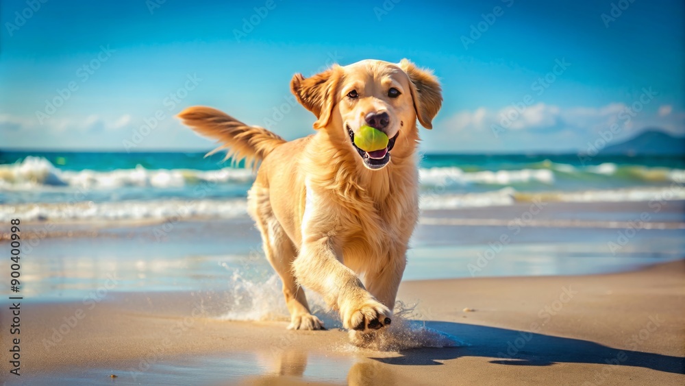 Adorable golden retriever puppy running freely on a sunny sandy beach, happily playing fetch with a tennis ball in its mouth, tail wagging. Adorable golden retriever puppy running freely on a sunny sandy beach, happily playing fetch with a tennis ball in its mouth, tail wagging.
