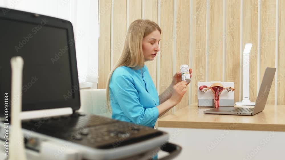 The concept of advertising medical services, antenatal clinics and modern technologies. A gynecologist holds a video conference in a modern gynecology clinic office. The concept of advertising medical services, antenatal clinics and modern technologies. A gynecologist holds a video conference in a modern gynecology clinic office.