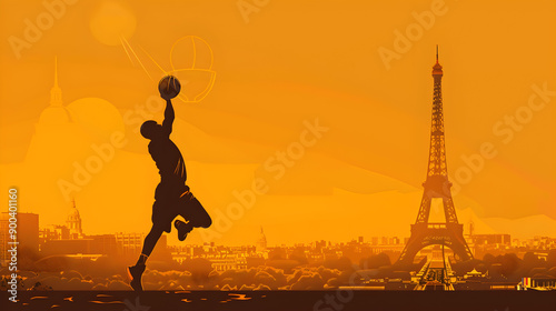 Minimalist Volleyball Player: Simple outline of a volleyball player spiking with the Eiffel Tower in the background on an orange background.


 photo