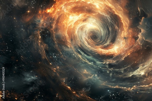 spiral shaped object in the middle of galaxy, cosmic whirlpool pulling celestial bodies into its abyss