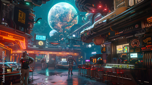 Colorful retrofuturistic space trader negotiating deals with aliens in a bustling intergalactic bazaar.
