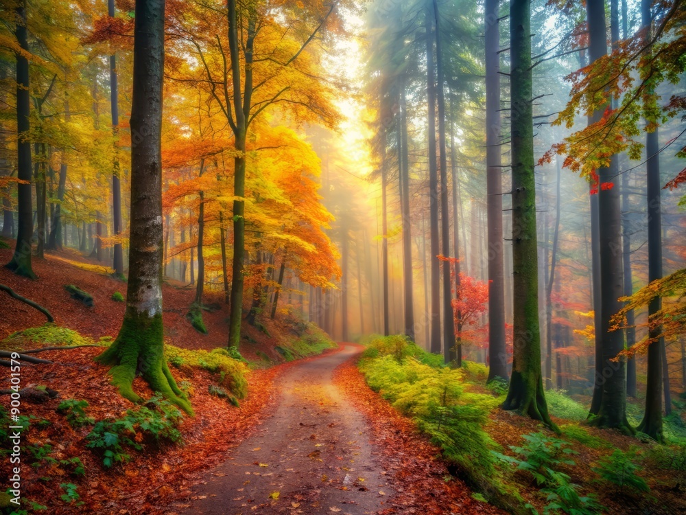 Obraz premium Winding rustic trail disappears into vibrant autumn forest, surrounded by tall trees, lush foliage, and misty atmosphere, perfect for outdoor adventure and nature exploration.
