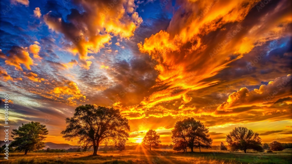 Obraz premium Warm golden light of a breathtaking sunset pours over the horizon as clouds are painted with vibrant hues, silhouetted trees stand in serene landscape.