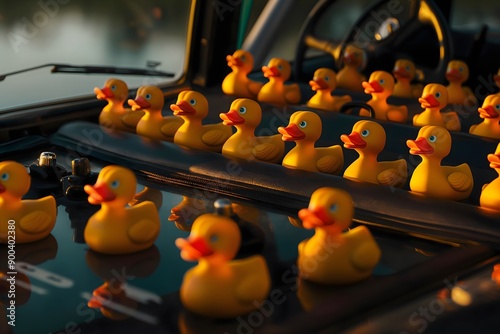  a dashboard of a car full of different rubbery duck standing in the line, illuminated by abundant natural daylight