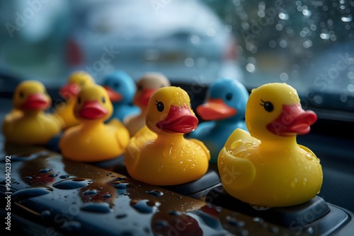  a dashboard of a car full of different rubbery duck standing in the line, illuminated by abundant natural daylight
