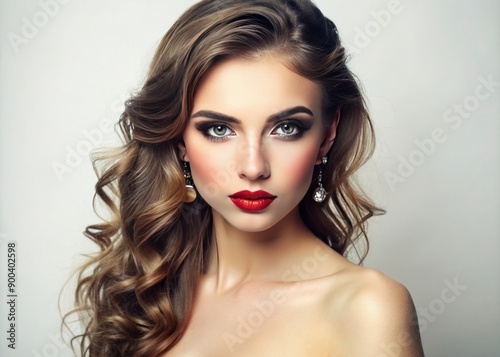 Beautiful model woman posing on white studio background, close up shot © Sirinporn