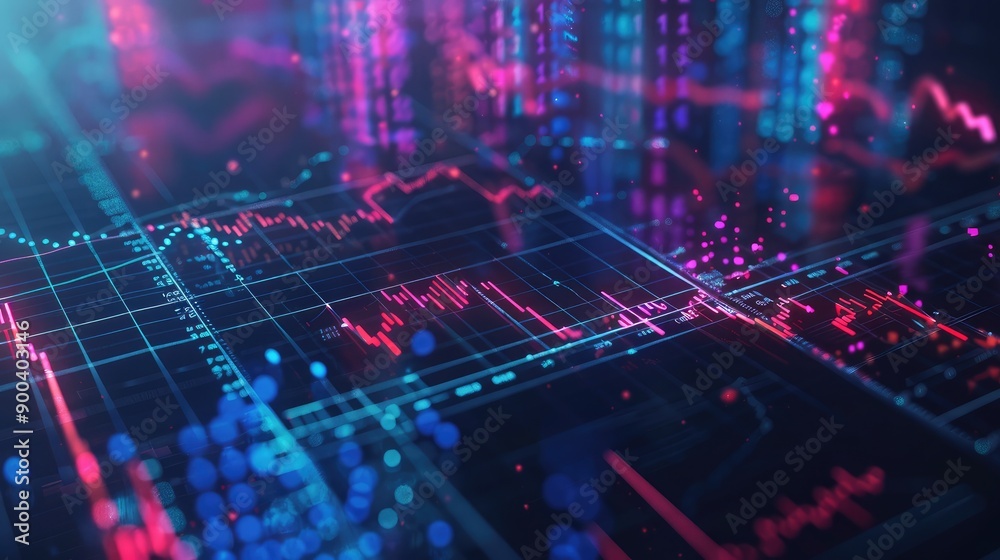 Abstract 3D financial graphs with holographic effects, illustrating stock market trends.
