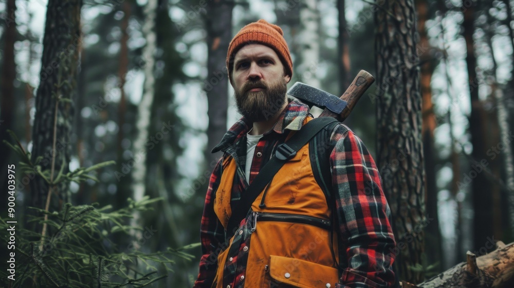 A man with a beard and a red hat stands in a forest with a large axe in his hand A man with a beard and a red hat stands in a forest with a large axe in his hand