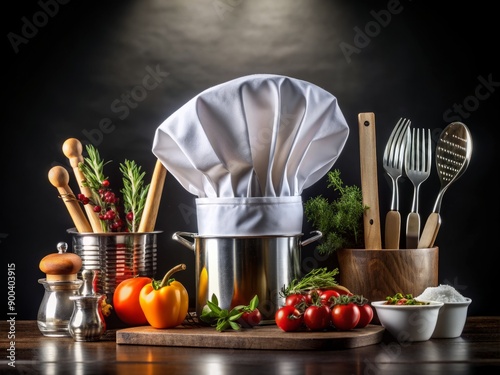 A sleek, modern cooking station with utensils, ingredients, and a chef's hat against a glossy black backdrop, evoking hands-on culinary learning and skill development. photo