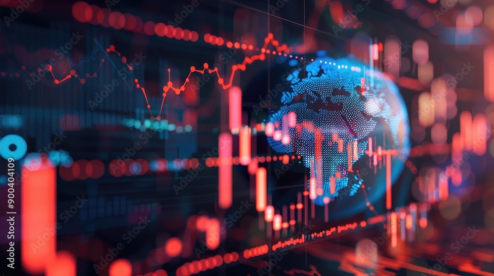 Obraz premium Abstract 3D globe with financial data overlays, highlighting global market trends.