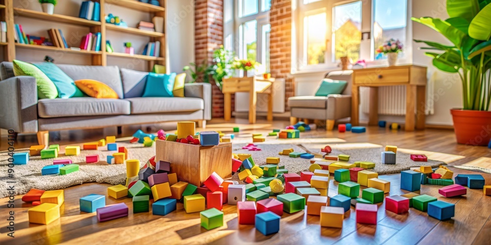 Fototapeta premium Colorful blocks scattered across a cozy living room floor, surrounded by toys and books, with a sense of playful chaos and childhood creativity.