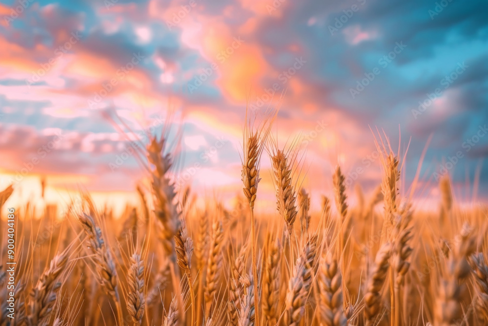 A closeup of golden wheat stalks swaying in the wind against a backdrop of a beautiful sunset sky A closeup of golden wheat stalks swaying in the wind against a backdrop of a beautiful sunset sky