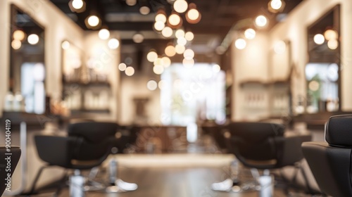 blurred hair salon background with chairs and tables, no people in focus, featuring sharp foreground and high resolution photography with professional color grading