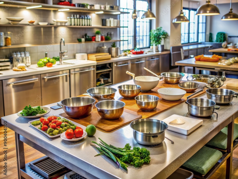 Kitchen setup for cooking class with ingredients and utensils on countertops, mixing bowls, and pots, awaiting culinary creation under expert guidance. Kitchen setup for cooking class with ingredients and utensils on countertops, mixing bowls, and pots, awaiting culinary creation under expert guidance.