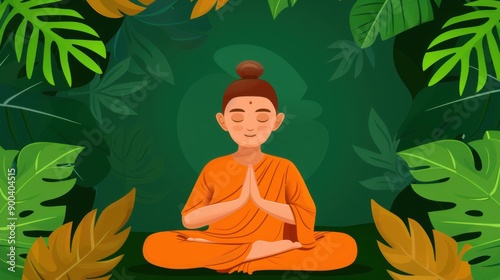 A serene Wesak day illustration featuring a Buddha statue in a peaceful temple setting.