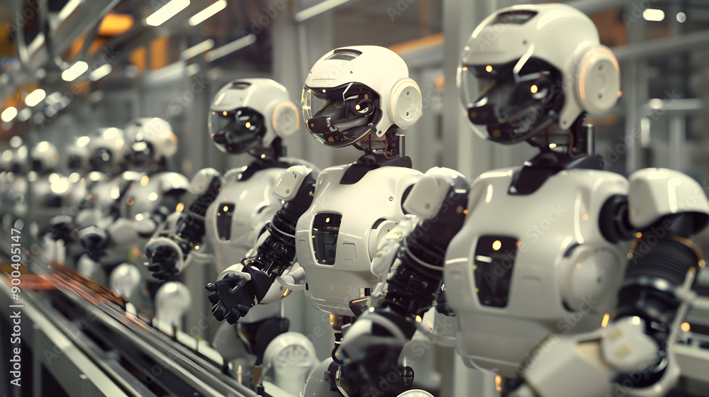 Automated robots along assembly line in futuristic factory, creating products with precision and efficiency.