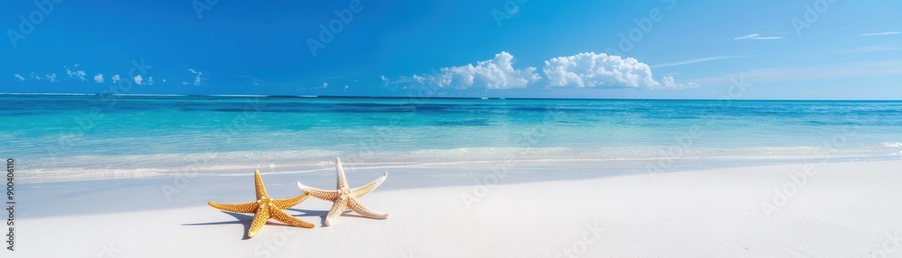 A serene beach scene featuring starfish on soft sands under a clear blue sky, perfect for tropical and coastal themes. A serene beach scene featuring starfish on soft sands under a clear blue sky, perfect for tropical and coastal themes.