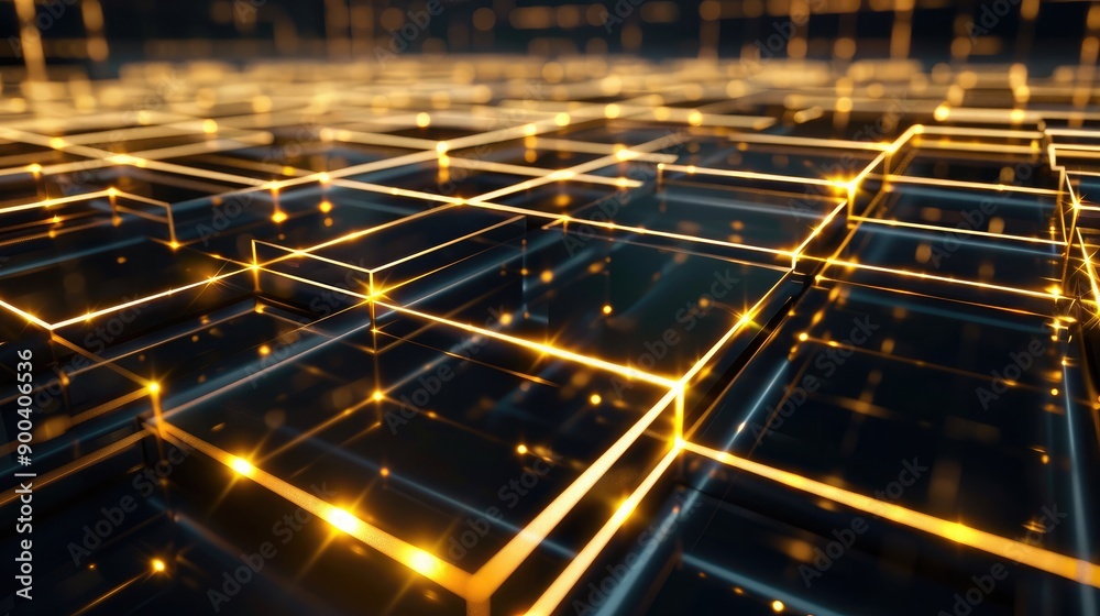 Futuristic 3D golden grid with glowing lines, representing wealth and sophistication.
