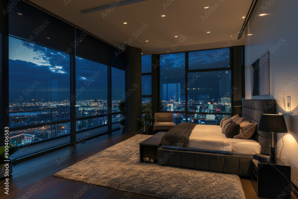 Naklejka premium A modern bedroom with a panoramic view of a city at night showcasing a luxurious and inviting atmosphere