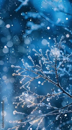 Snowflakes gently fall on glistening branches in a serene winter ambiance