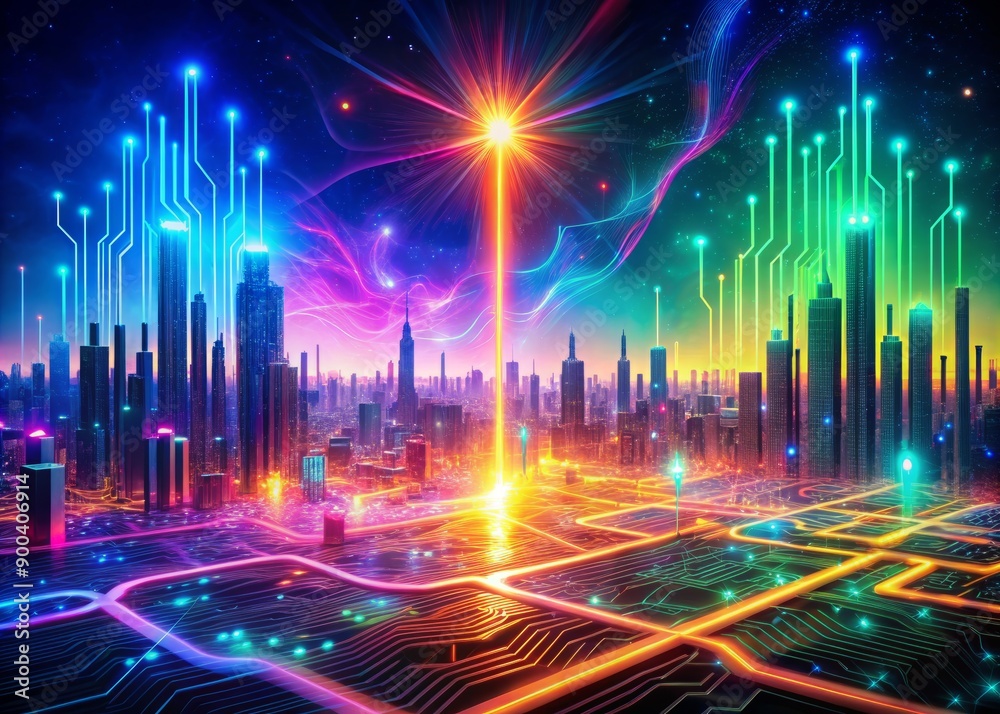 Vibrant futuristic digital landscape with glowing circuit boards, neon lights, and swirling energy waves, evoking a sense of innovation and advanced technological progress. Vibrant futuristic digital landscape with glowing circuit boards, neon lights, and swirling energy waves, evoking a sense of innovation and advanced technological progress.