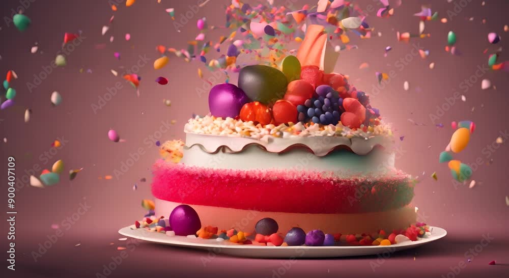 Colorful five layer cake with whipped cream and berries surrounded by festive confetti on dark background 4k animation Colorful five layer cake with whipped cream and berries surrounded by festive confetti on dark background 4k animation