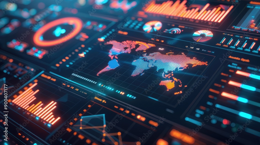 3D business dashboard with interactive elements, symbolizing real-time business monitoring.