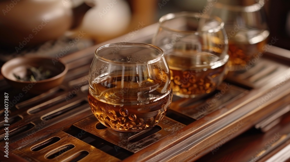 Close up of Three Glasses of Tea on a Wooden Tray Close up of Three Glasses of Tea on a Wooden Tray