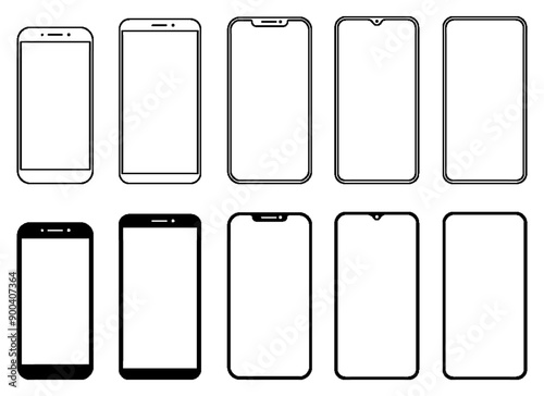 Different black models smartphone with empty touch screen front view icon. Detailed line mockup smartphone sign, linear model mobile phone, app, ui, ux