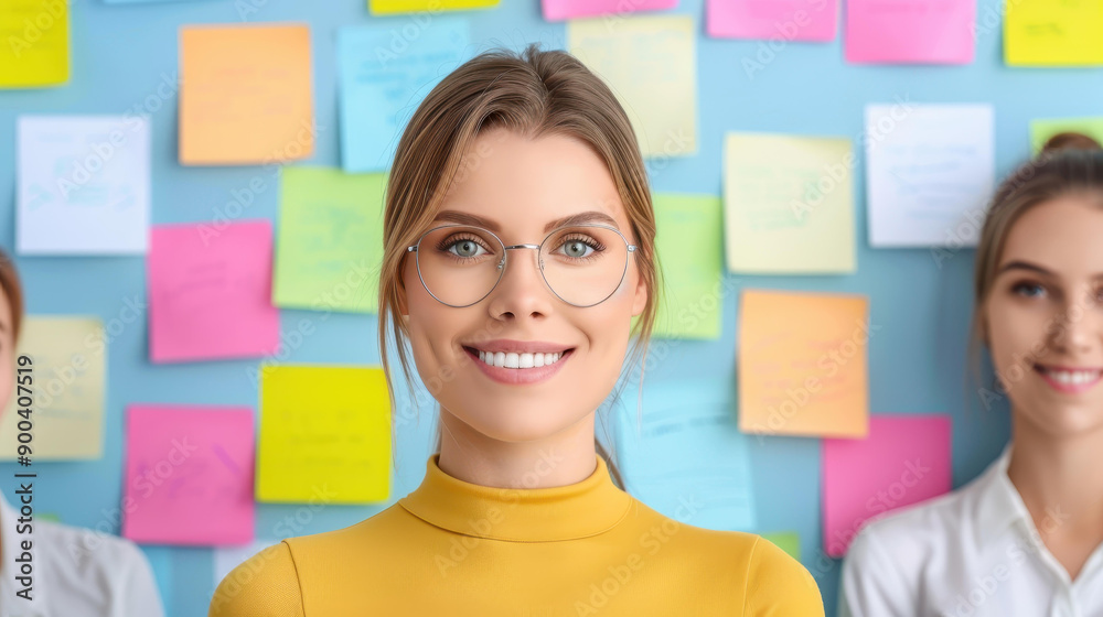 Energetic professionals brainstorming ideas with sticky notes on glass wall in modern office setting. Energetic professionals brainstorming ideas with sticky notes on glass wall in modern office setting.