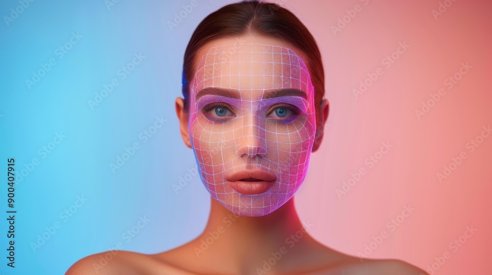 Stunning woman with face scanning grid on abstract background. Digital face ID for security and facial recognition. Stunning woman with face scanning grid on abstract background. Digital face ID for security and facial recognition.