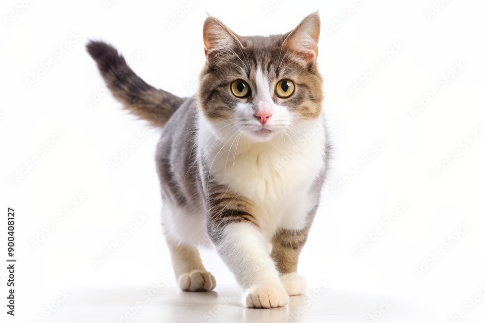 Adorable curious grey and white cat steps forward on a clean bright white background with confident paws and alert ears, showcasing its natural elegance. Adorable curious grey and white cat steps forward on a clean bright white background with confident paws and alert ears, showcasing its natural elegance.